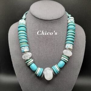 Chico's Turquoise Gemstone Disk Bead Necklace, Cloudy Acrylic Beads, Silver Tone